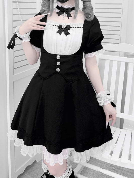 Puff Design White Sleeves Full Jirai Trim Black Corset Kei Dress Lace Belt Set- and
