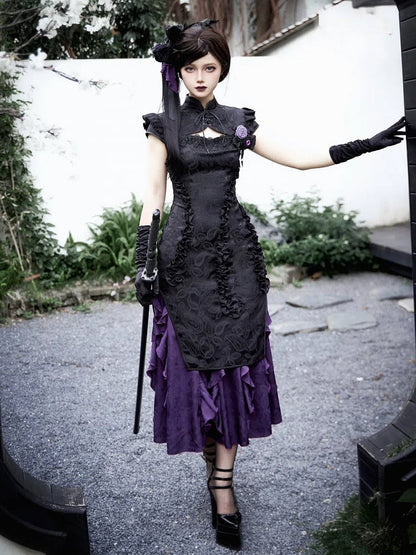 Cascading Black Vibes Qipao Trim Jacquard Purple Lolita Dress Qi Hem Cthulhu Ruffle