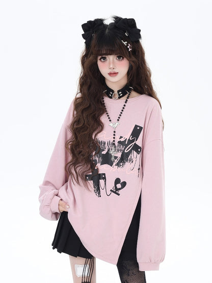 Pink/Black Cross Side-Slit Sweatshirt with Big Bow at Back