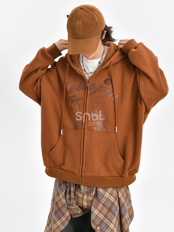 Zootopia Judy and Nick Print Brown Zip Hoodie
