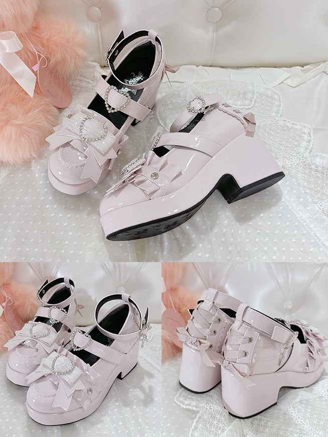 Decorated Jirai Kei Block Heels Lace-up Polished Platform Pink Details High Heart Rhinestone