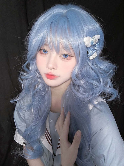 With Air Wig 70CM Length Bangs Wavy Blue