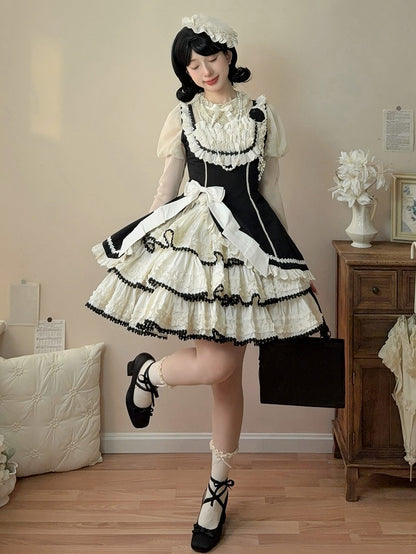 Jumper Beige Lolita Black Fit and Skirt Elegant Tiered Slim Waist