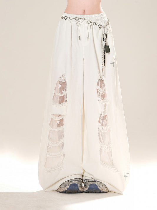 White Drawstring Waist Distressed Holes Wide-Leg Jeans