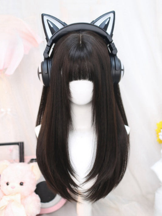 Black Tea 60-65CM Long Straight Wig With Bangs