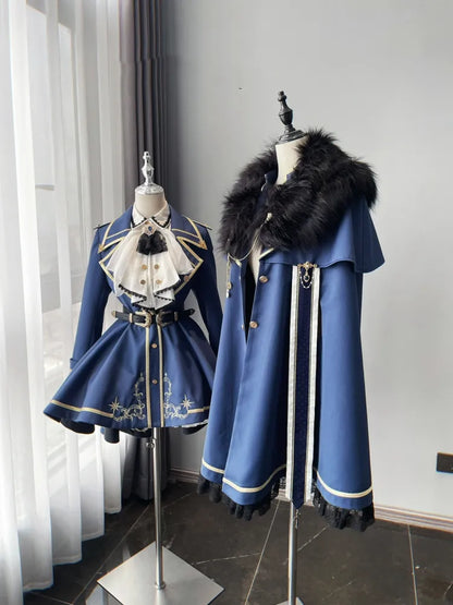 XXL Gold Coat Blue Skirt + Set Cape Shirt Jabot Trimming Clearance-Size Full Lolita Military and