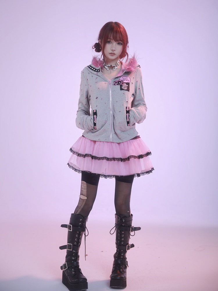 Punk Grey Oversized Bunny Ears Zip Hoodie
