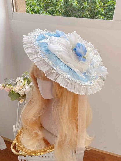 Verzierter Tulpenblauer Hut Flach Lolita / Grün Pink