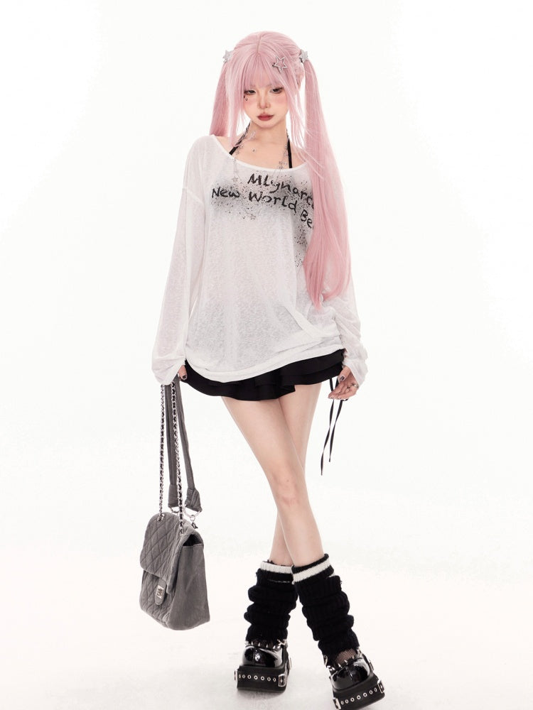 White Letter Print Coverup Semi-sheer Neckline Asymmetrical