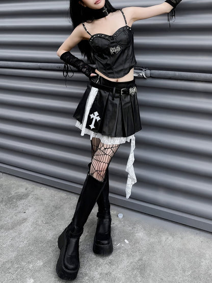 Punk Rock Black Cross Appliques PU Patchwork Box Pleat Skirt