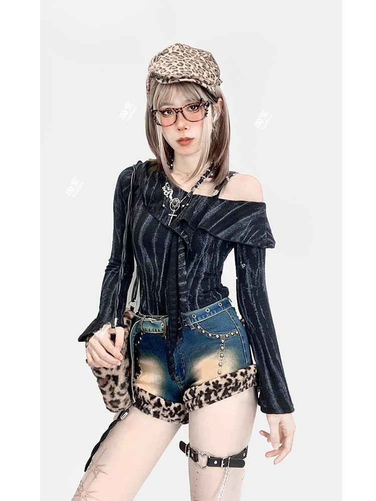 Blue Denim&Leopard Shaggy Plush Trim Distressed Shorts