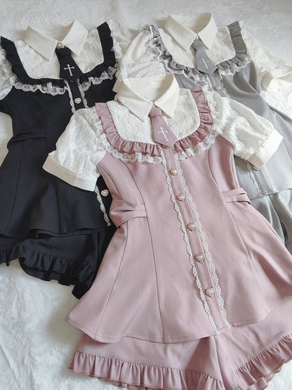 Jirai Full Set-Lace Hem Blouse+Ruffled Buttons Kei Heart Trim Black Shorts+Tie