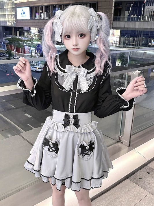 Jirai Kei Black Peter Pan Collar Long Sleeve Blouse Tie with Free Bow