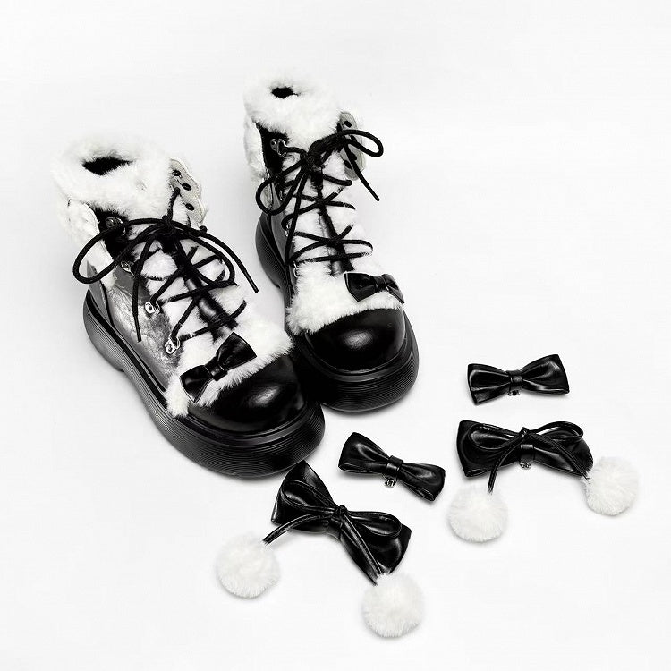 Punk Black Lolita Bowknot Plush Trim Platform Ankle Boots With Pompons