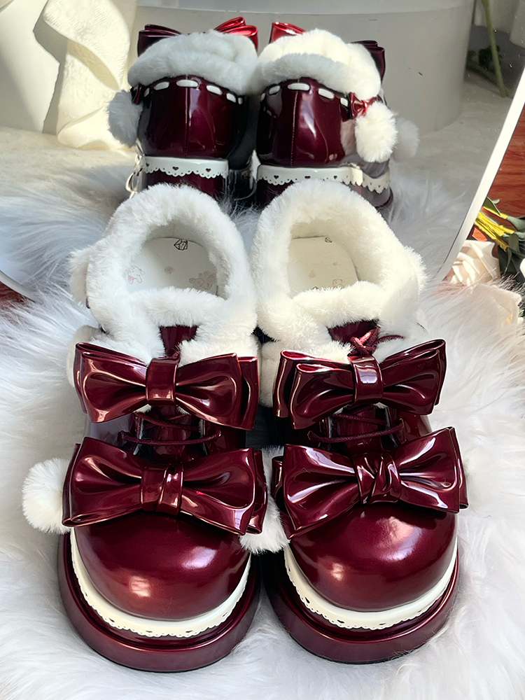 Lolita Wine Red Cute Heart Bowknot Platform Shoes With Pompons