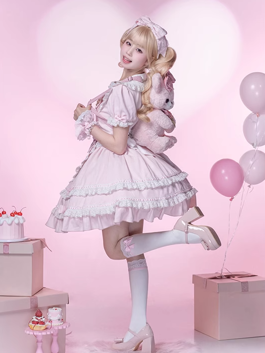 Lolita Dress Piece Accents School Pink Peter Pan Collar Bowknot Light Old One