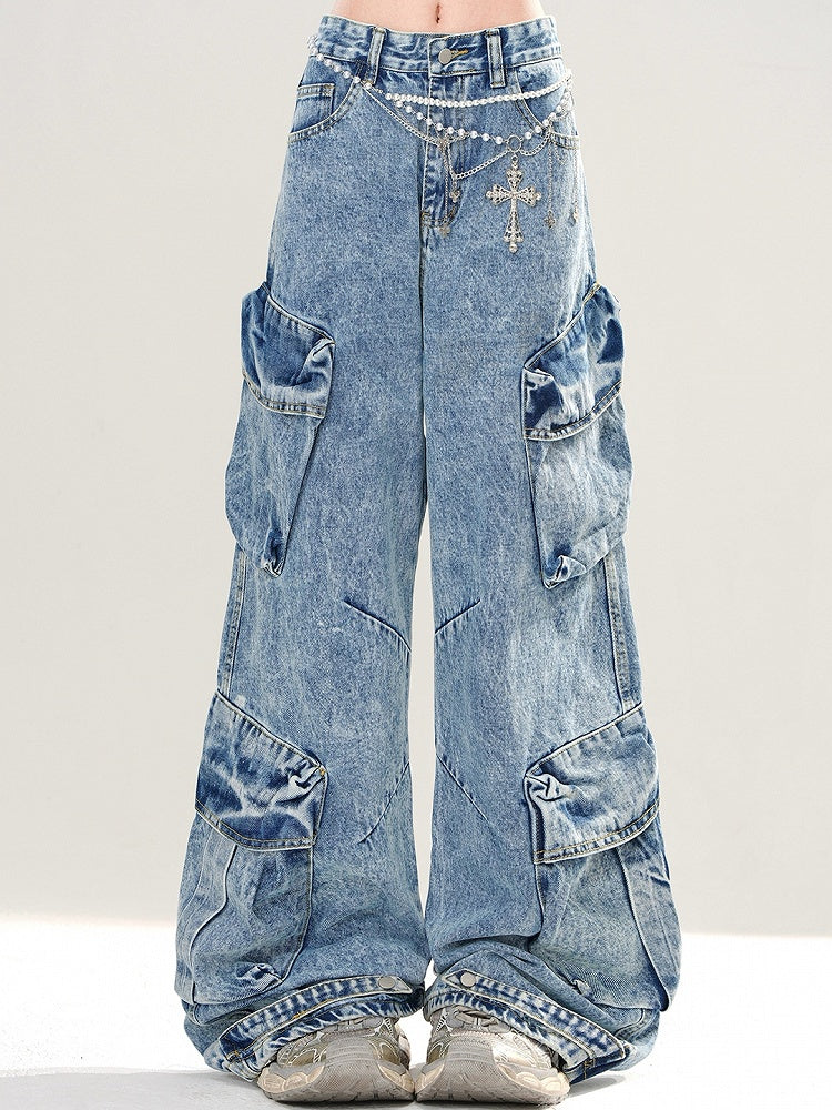 Blue Cargo Pockets Design Wide-leg Cut Jeans