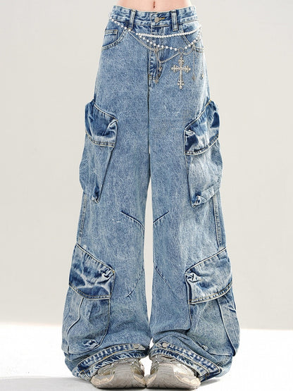 Blue Cargo Pockets Design Wide-leg Cut Jeans