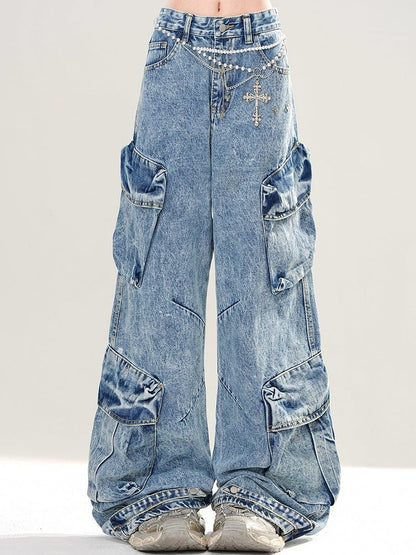 Wide-leg Pockets Cut Blue Cargo Design Jeans