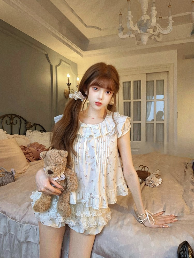 Dollcore Bluse Beige Blumen Rüschenbesatz Print Mit