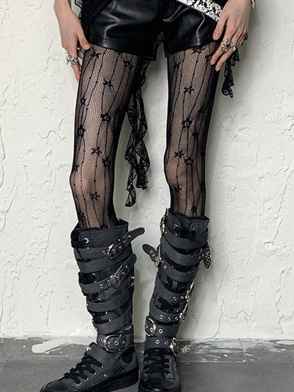 Pattern Floral Tights Y2K White/Black Fishnet