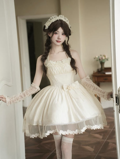 Waist Dress Boned Bow Flower Basque Elegant Detachable Hairband Neck Beige + Self-tie Halter
