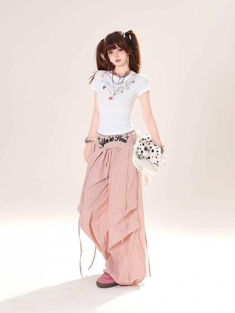 Accessory Pink/Gray Drawstring Wide-Leg Pants with Waist