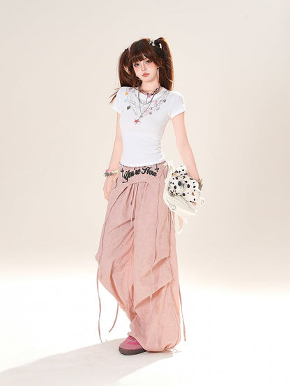 Accessory Pink/Gray Drawstring Wide-Leg Pants with Waist