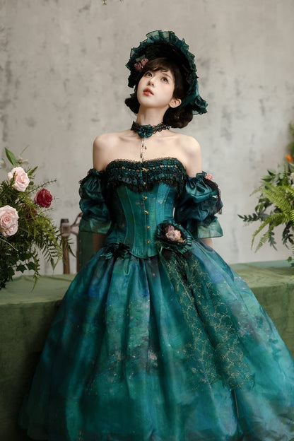 Jupe en tulle imprimé peinture à l'huile Green Forest Fairy Lolita avec pince à cheveux florale