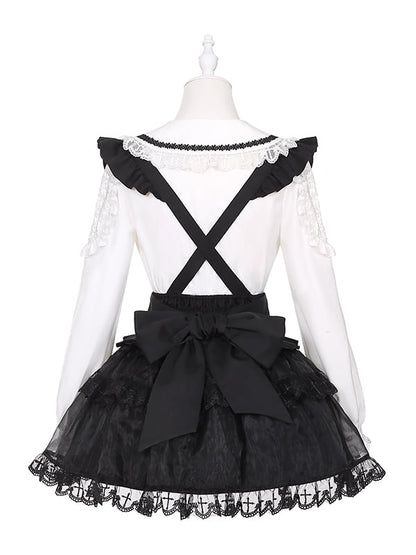 Jirai Kei Black Lace-up Detail High Waist Tulle Skirt Landmine Overall Dress