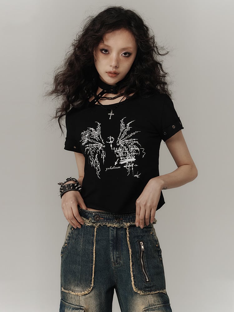 Black Wings Print Cotton Cropped T-shirt