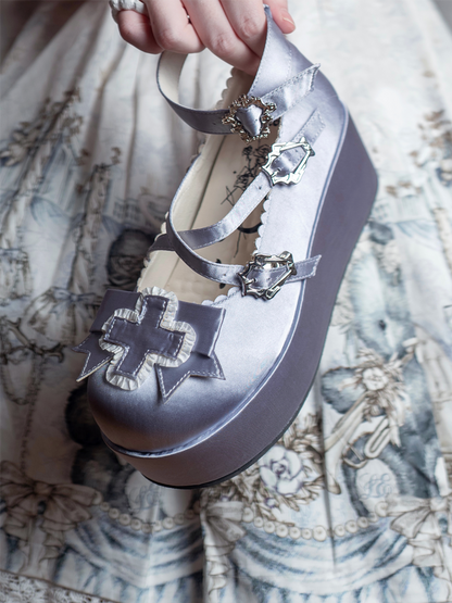 Riemen Silber Schnalle mit Schuhe Plattform Balletcore Satin Gothic Ferse Eleganz 6cm Criss-cross Chunky