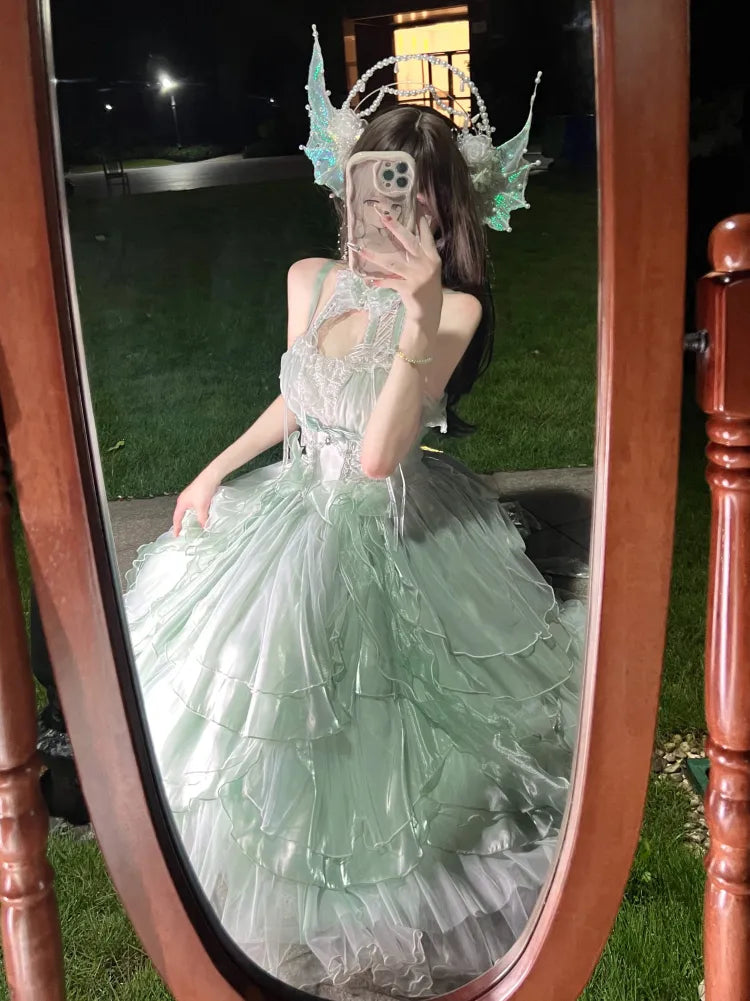 Skirt Layered Fairy Dress Trim Light Princess Lolita Cascading Ruffle Green Corset