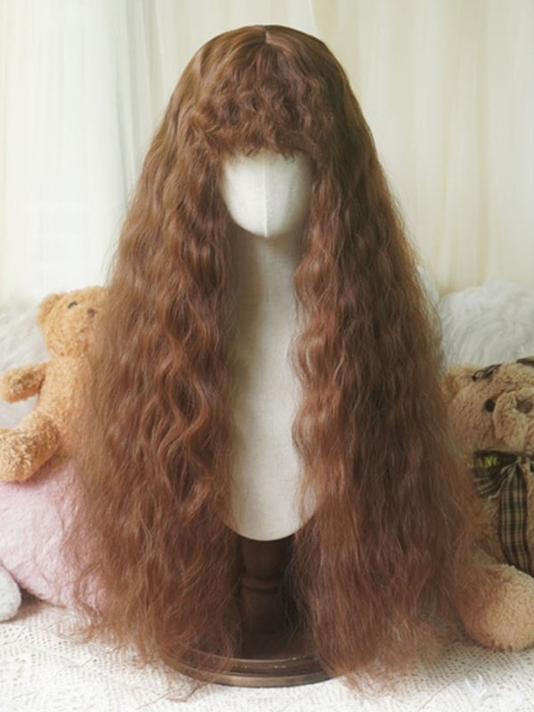 Black/Caramel/Blonde/Light Blonde Hip Length Wavy Wig With Curly Bangs