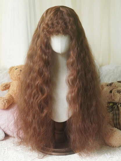 Black/Caramel/Blonde/Light Blonde Hip Length Wavy Wig With Curly Bangs