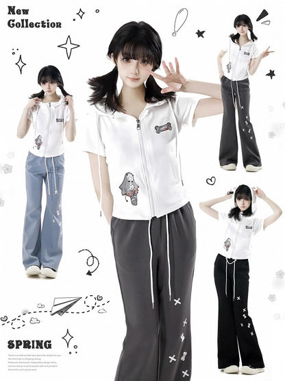 Bone Embroidery Drawstring Waist Flared Pants Black/Blue/Gray