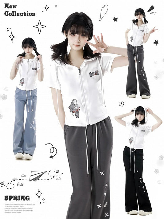 Bone Embroidery Drawstring Waist Flared Pants Black/Blue/Gray