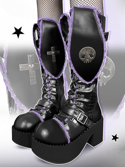 Black Purple Punk Bunny Ear Gothic Platform Block Heel Boots