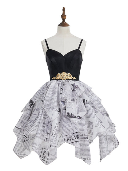 Elegant Skirt Layered Jumper Dress Lolita Print Newspaper Handkerchief
