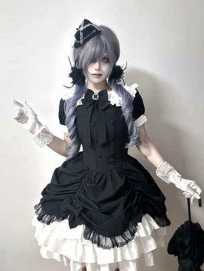 und asymmetrisches Kleid Schwarz Lolita Peter Pan Weißer Rock Stufen Gothic Ärmel Kragen Kurz
