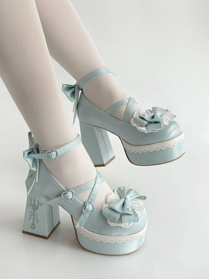 Blue Lolita Lace Bowknot Buckle Straps Fork Platform Block High Heels