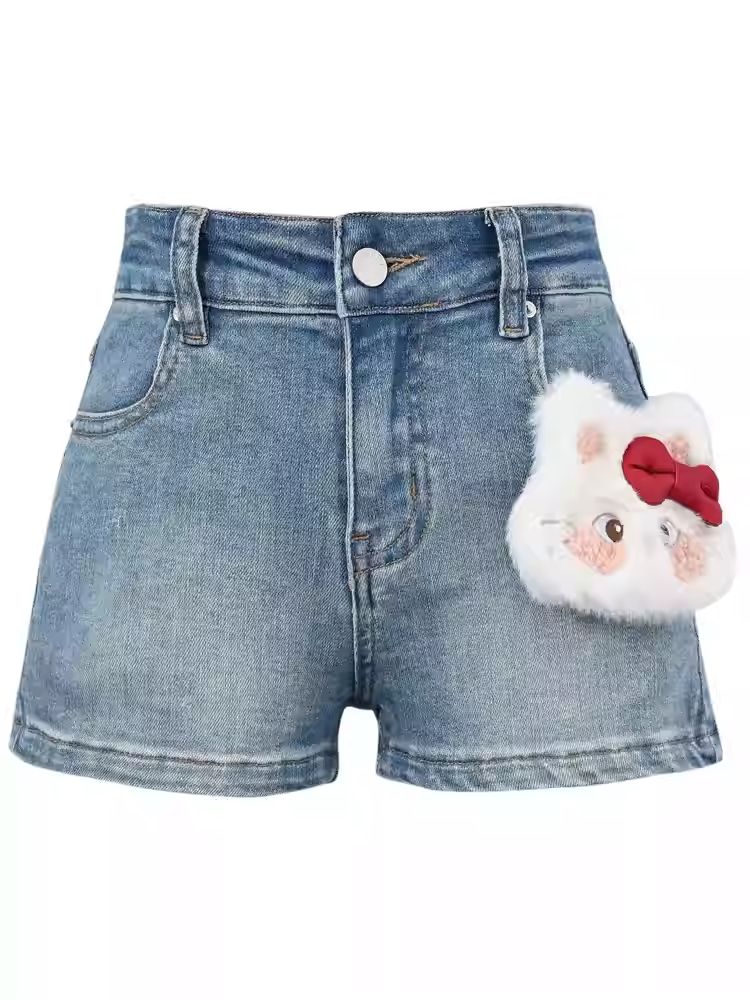 Rise Denim Shorts with Adorable Kitty Plushie Blue Low