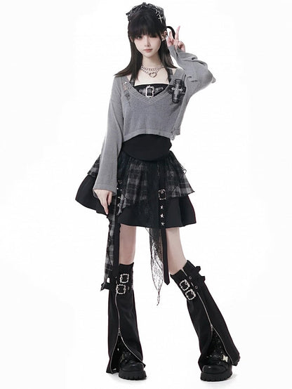 Plaid Adjustable Idol with Red/Black Top Black Panel Cami Y2K - Buckle Self-Tie Halter