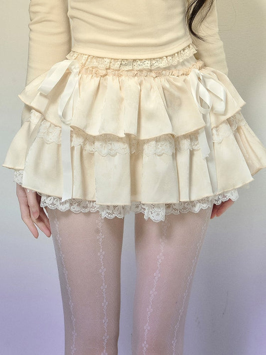 Apricot Bow Accents Lace Trim Tiered Mini Skirt
