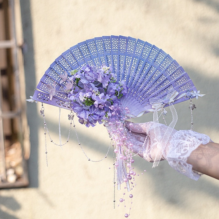 Charm Folding Beaded Fan Design Floral Purple/Green/Pink/Yellow