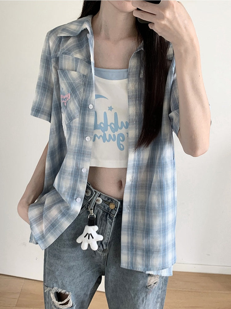 White and Blue Faux Two-Pieces Cropped Cami Top