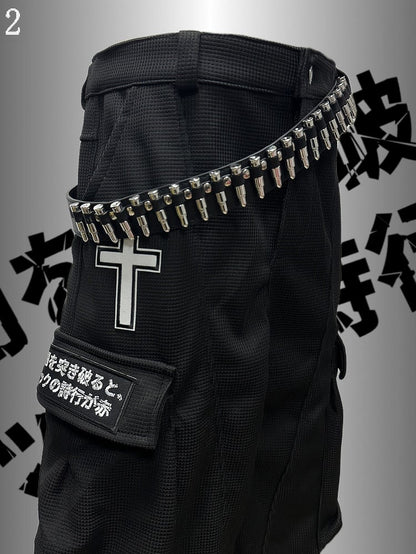 Applikation Schwarz Punk Weites Bein Cargo Kreuz Verziert Rock Taschen Hose Brief Und