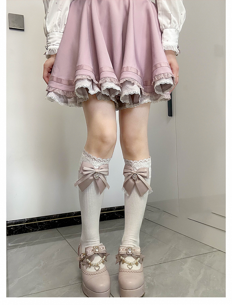 Front Bow Detail Dusty Heart Rhinestone Jirai Kei Under Knee Stockings Pink