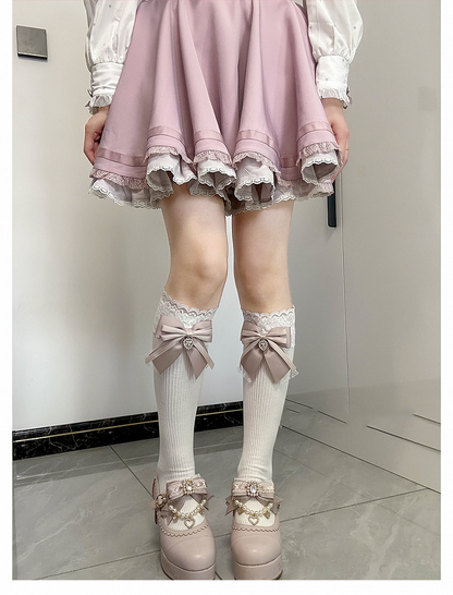 Front Bow Detail Dusty Heart Rhinestone Jirai Kei Under Knee Stockings Pink