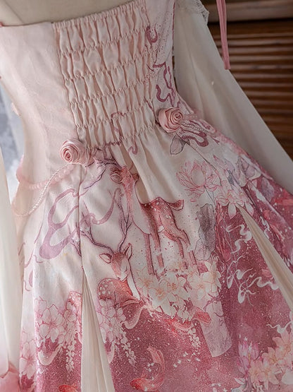 Cheongsam Print Jumper Full Style Skirt Lolita Sakura Set Dress Qi Pink